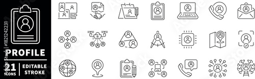 Profile and contact editable line icons set. networking and user interface graphics