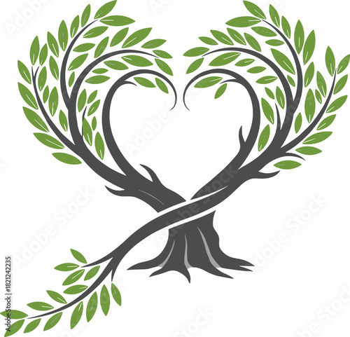 Creative vector illustration of intertwined trees forming a heart shape symbolizing love, romance, and nature unity.