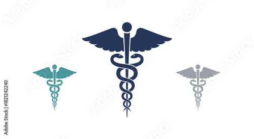 Three caduceus medical symbols in different colors and sizes on a white background