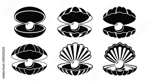 Collection of six stylized black and white clam shells each revealing a single pearl inside