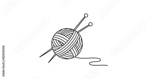 Simple line art icon of a ball of yarn with knitting needles and a trailing thread