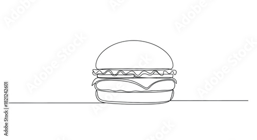 Minimalist single line drawing of a delicious cheeseburger with lettuce and bun on a white background