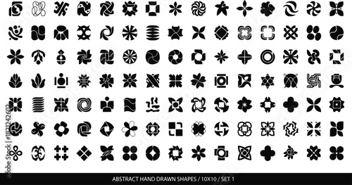 Abstract hand-drawn shape vector set, black design icons, geometric and organic patterns, floral and symmetrical motifs, decorative creative artwork pack