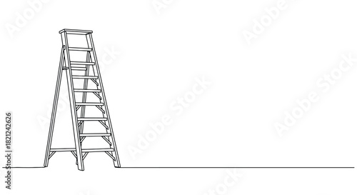 A minimalist line drawing of a wooden a frame stepladder standing on a flat surface against a white background