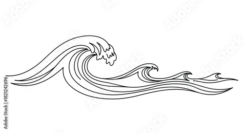 Stylized outline of rolling ocean waves in a dynamic sequence across a white background