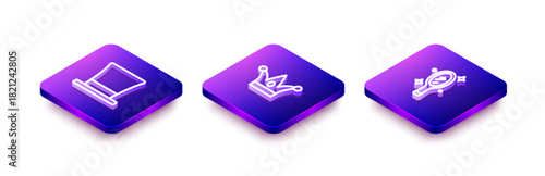 Set Isometric line Cylinder hat, Jester with bells and Magic hand mirror icon. Vector