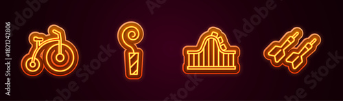 Set line Vintage bicycle, Birthday party horn, Roller coaster and Dart arrow. Glowing neon icon. Vector
