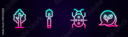 Set line Tree, Garden trowel spade or shovel, Colorado beetle and Leaf. Glowing neon icon. Vector