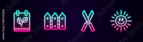 Set line Calendar with autumn leaves, Garden fence wooden, Gardening scissors and Sun. Glowing neon icon. Vector