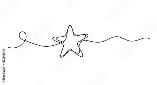 Abstract continuous line drawing of a star with a flowing wavy line and a loop on a white background