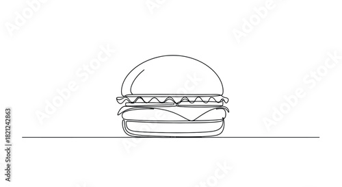Minimalist single line drawing of a classic cheeseburger with a bun patty and cheese on a white background