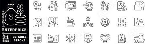Enterprise editable line icons set with outline style. business and finance symbols