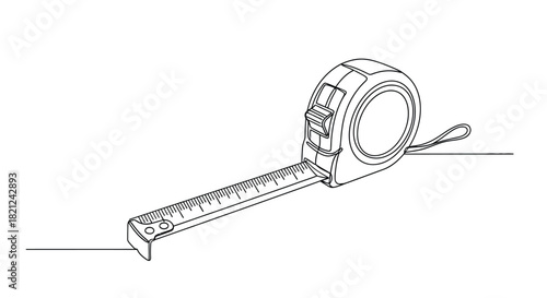 A simple continuous line drawing of a retractable measuring tape tool extended for use against a white background