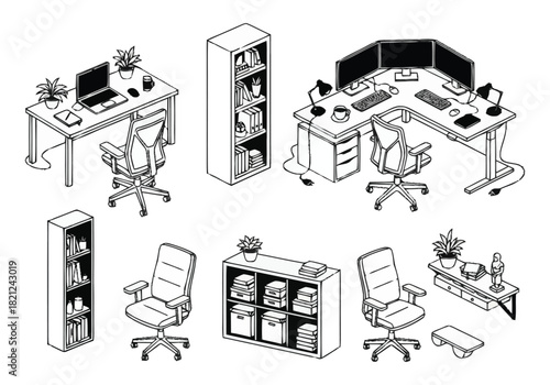 Modern Home Office and Workspace Furniture Set Isometric Line Art Illustration furniture icons interior design architecture