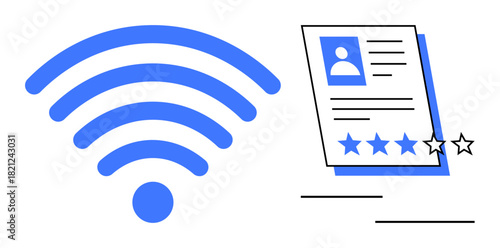 wireless signal icon next to a user profile sheet with a star rating. Ideal for internet connection, online presence, digital profile, rating systems, communication, technology, simple flat metaphor