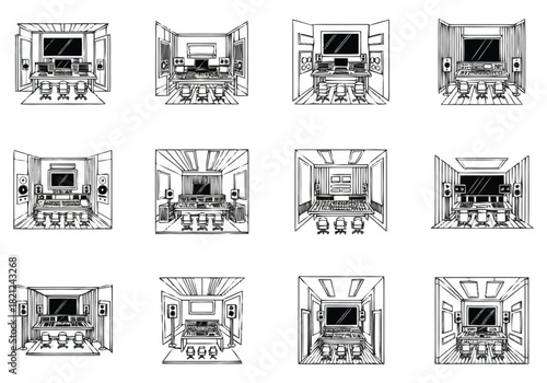 Modern Home Studio Setup Illustrations for Music Production Recording furniture icons interior design architecture
