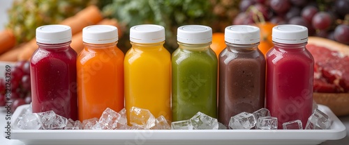 Panel kuchenny z motywem a colorful arrangement of fresh juices in clear bottles. The bottles are arranged neatly on a tray filled with ice, alongside various fruits and vegetables