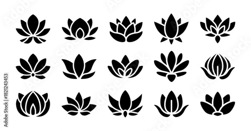 Lotus flower icon. Meditation and yoga harmony symbol outline abstract floral silhouette. Natural design of lotus petal and leaves for spa or organic product element. Logo black vector set