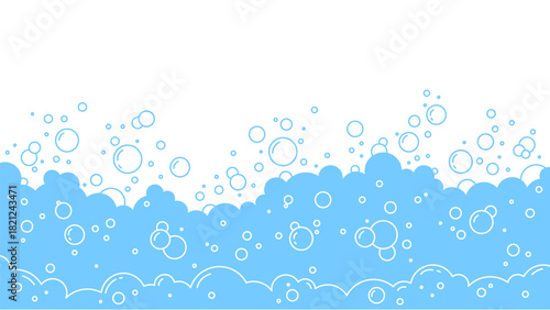 Foam and water bubble background for laundry or bath and soapy shower design. Clean suds and blue splash for hygiene concept. Bathroom graphic, liquid texture or abstract underwater vector border