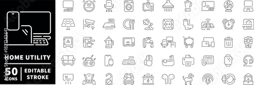 Home utility icons set. line, editable line icons, household and appliance symbols