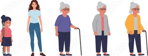 Female life cycle character illustration showing aging stages from childhood to elderly, growth, development, family generations, timeline and evolution concept