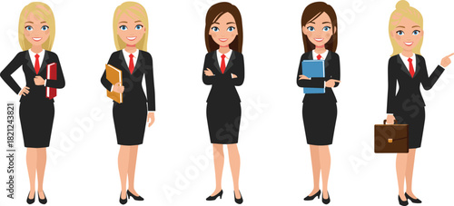 Professional businesswoman character set in various office poses, confident female executive cartoon illustration for corporate work, leadership, teamwork and presentation