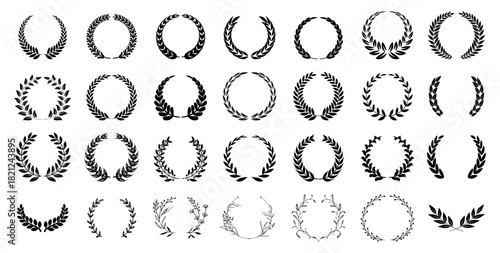 Laurel wreath, award and crest icon with olive leaves, circle vector emblem. Greek border trophy frame, champion badge, winner prize. Vintage ornament for certificate, wedding heraldic decoration set