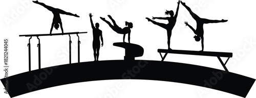 Gymnastics Athletes Silhouette Vector Illustration, Gymnasts Performing on Uneven Bars Vault and Balance Beam, Sport Fitness Competition Training Acrobatics Flexibility Concept Design.