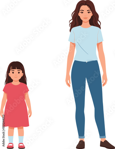 Mother and daughter character illustration showing family bond, parenting relationship, childhood and adulthood growth concept for education, lifestyle and generational theme