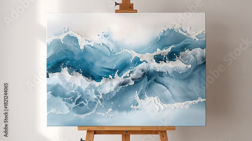 Captivating artwork of ocean waves displayed on an easel, evokes the power and beauty of the sea