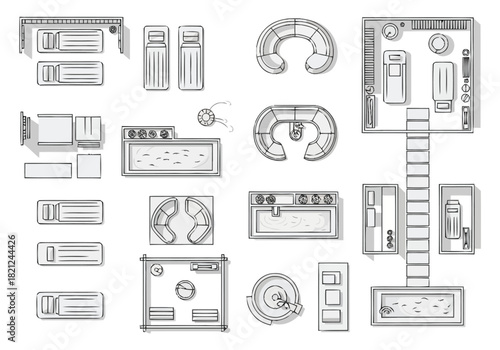 Top Down View of Various Furniture Arrangements and Floor Plans furniture icons interior design architecture