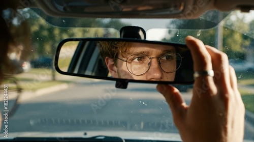 A person glances in the rearview mirror, capturing a moment of introspection and self-awareness during a car journey.
