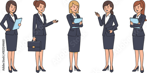 Professional business women team standing together in formal office outfits, confident teamwork concept illustration for corporate leadership and workplace communication