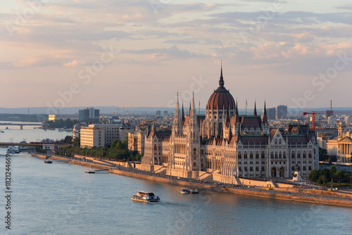Hungarian Parliament Building at Sunset Over the Danube