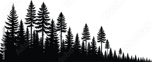 Forest silhouette vector illustration, pine tree landscape, black nature graphic, coniferous woodland design, outdoor scenery artwork, wilderness themed element