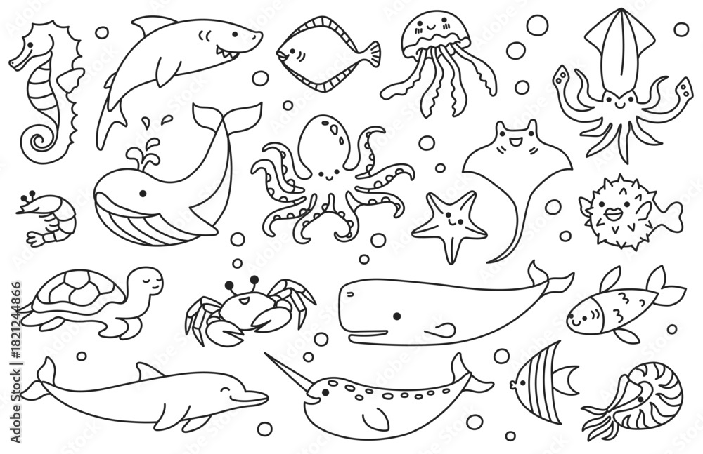 Fototapeta premium Sea animal doodle, line fish and marine creature, ocean cartoon underwater sketch. Octopus and seahorse, dolphin and turtle, whale and jellyfish, shark and crab aquatic undersea isolated vector set