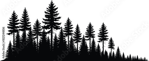 Forest silhouette vector set, pine tree landscape, black nature illustration, coniferous woodland design, outdoor scenery graphic, wilderness themed artwork