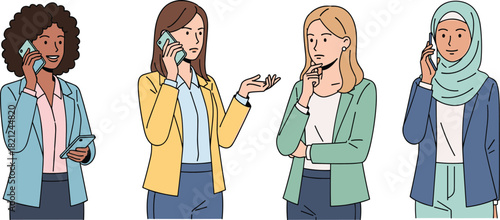 Diverse business women talking on phone in office environment, communication teamwork concept illustration showing multicultural workplace and professional collaboration
