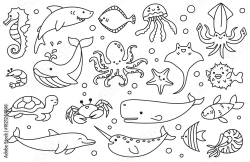 Sea animal doodle, line fish and marine creature, ocean cartoon underwater sketch. Octopus and seahorse, dolphin and turtle, whale and jellyfish, shark and crab aquatic undersea isolated vector set