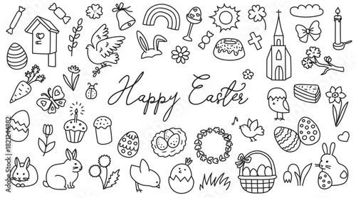 Easter doodle icon set with egg and bunny, chick spring cute hand drawn design. Rabbit and butterfly, flower basket and dove, church holiday vector set. Happy Easter background, seasonal festive card