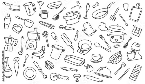 Kitchen cook doodle utensil icons for chef sketch hand drawn illustration. Line art frying pan and saucepan, whisk and knife, fork and spoon. Digital kitchen scale, kettle and cooking pot outline set