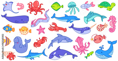 Cartoon sea animals. Hand drawn whales, sharks and dolphins, octopus and fish, turtle and crab, lobster and squid, jellyfish and narwhal cute ocean creatures vector isolated set