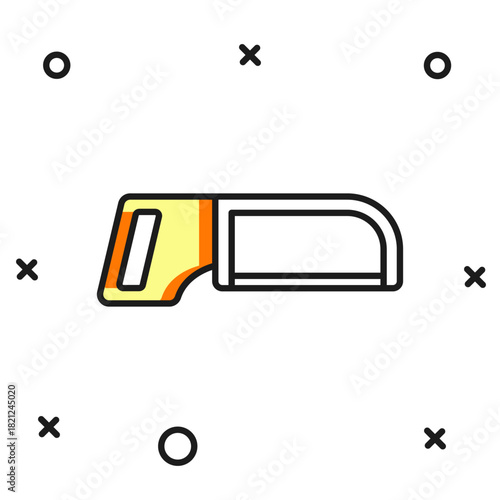 Filled outline Hacksaw icon isolated on white background. Metal saw for wood and metal. Flat filled outline style with shadow. Vector