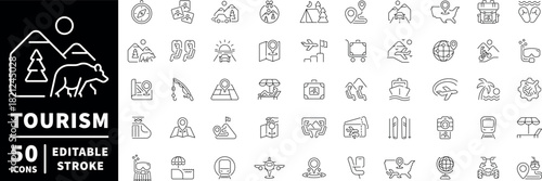 Tourism icons set. editable line icons, outline, vacation, travel, adventure symbols