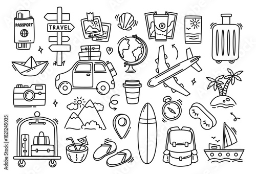 Travel hand drawn doodle icon set. Plane and suitcase for journey, flight vacation sketch. Passport and camera, globe and compass summer holiday design. Tourism card, cute sticker, map vector element