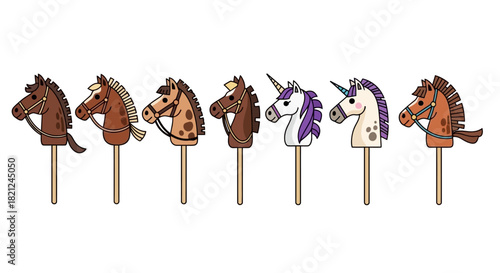 A whimsical collection of hobby horses and a unicorn on sticks, showcasing diverse designs and playful charm