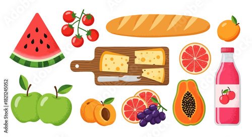 A vibrant and colorful collection of fresh food icons, featuring a variety of fruits, cheese, bread, and juice for a healthy lifestyle concept