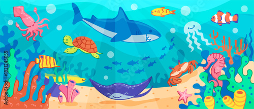 Underwater sea animal, seabed scene with cute fish, marine life for ocean vector background. Tropical illustration with shark and turtle, coral and seaweed summer exotic seascape. Aquatic landscape