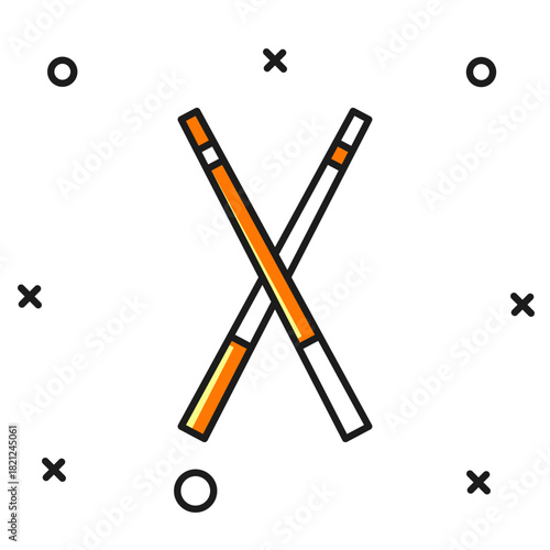 Filled outline Crossed billiard cues icon isolated on white background. Flat filled outline style with shadow. Vector