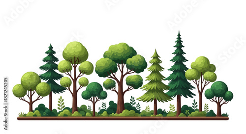 Illustration of various trees, shrubs, and forest vegetation in a natural setting